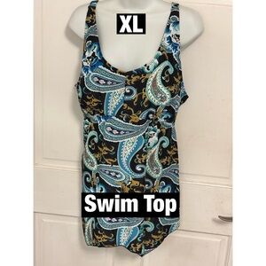 Paisley Swim Top - Teal Blue and‎ Black Sz XL Adjustable straps Padded Bra. New